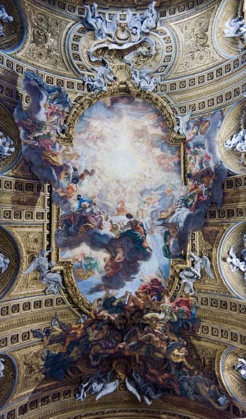 The Worship of the Holy Name of Jesus, with Gianlorenzo Bernini, on the ceiling of the nave of the Church of the Jesus in Rome.